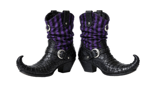 Black crocodile textured witch boots with purple plaid fabric, isolated on transparent background