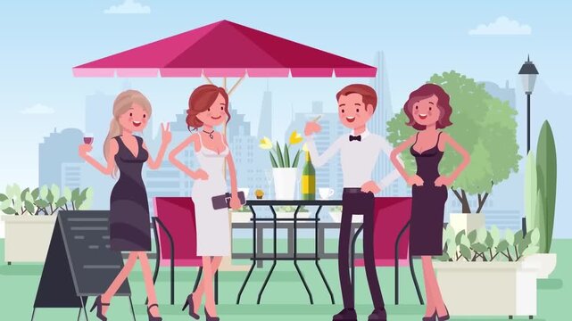 Stylish friends socializing at elegant rooftop bar terrace party enjoying drinks in this vibrant colorful animated digital motion graphic clip