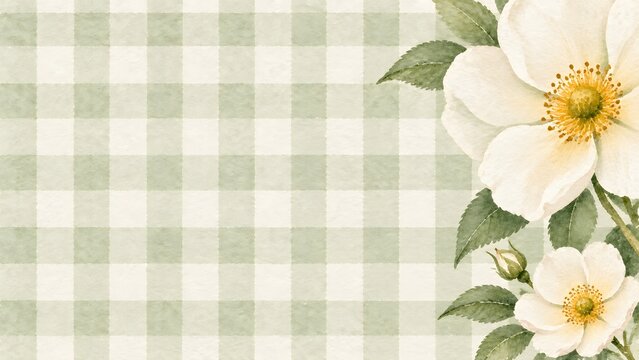 Watercolor illustration of white wild roses with green leaves on a soft sage green gingham checkered background, floral frame design