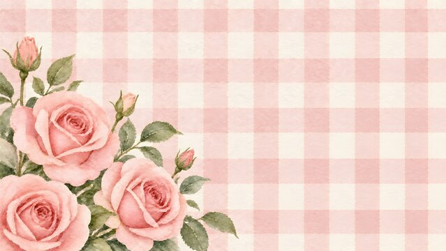 Cute pink watercolor roses and gingham check pattern background