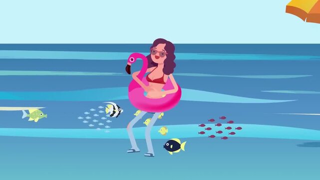 Happy girl standing in ocean water wearing pink flamingo inflatable ring during sunny summer vacation motion video animation clip loop