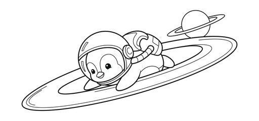 Cute penguin astronaut coloring page, cartoon space explorer vector, adorable bird in spacesuit on planet rings © Imran Designs