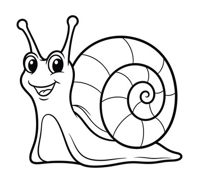 Cartoon snail coloring page, cute garden mollusk vector illustration, happy character line art for kids activity book