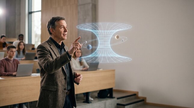 Physics professor presenting a 3D holographic spacetime curvature model with orbiting planets in a modern university lecture hall