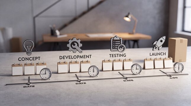 Project development lifecycle timeline on an office desk