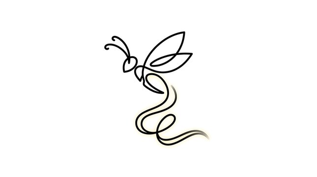 Minimalist firefly insect line art logo with glowing tail,continuous one line drawing style isolated on white background