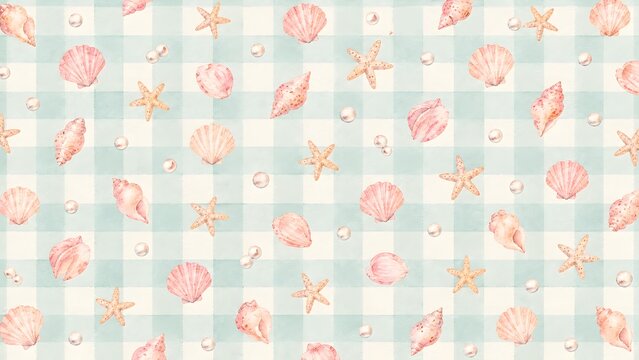 Watercolor seamless pattern with pastel pink seashells, starfish and pearls on a light blue checkered background
