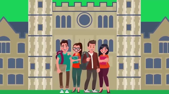 Happy college students holding textbooks standing in front of university building architectural background in this colorful flat vector animation motion
