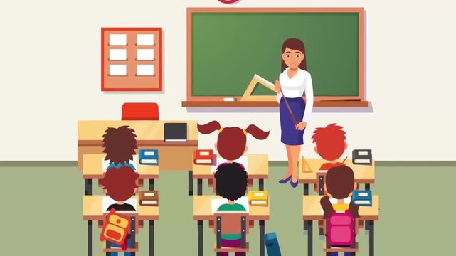 Female teacher lecturing to elementary students inside a colorful classroom during an animated educational lesson video for school study purposes