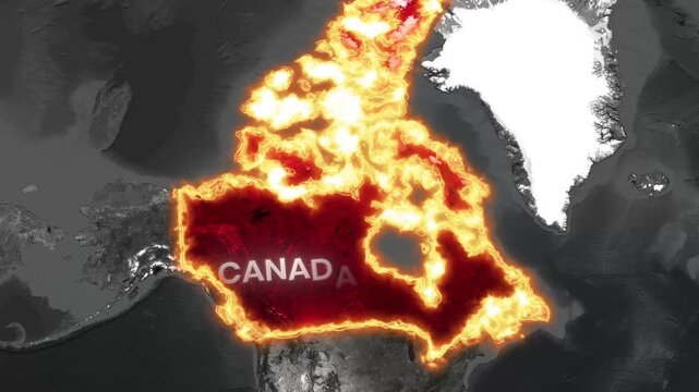 Canada map highlighted with glowing fire effect on dark world map background