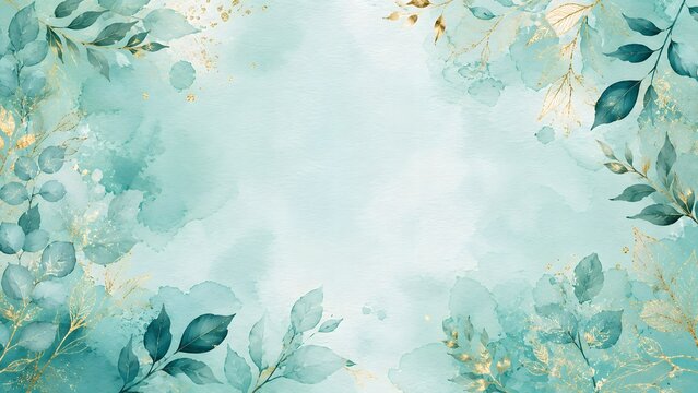 Elegant watercolor background with teal leaves and golden foliage accents, artistic botanical frame design for wedding invitations or greeting cards