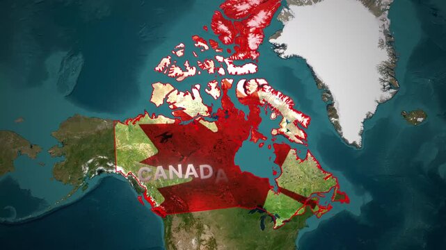 Satellite view of canada highlighted with red borders on a world map