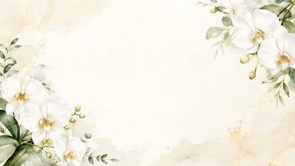 Obraz premium Elegant watercolor background with white orchid flowers and green leaves, botanical frame design with copy space for text