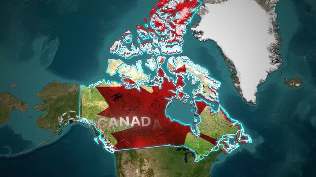 Satellite map of canada with glowing borders and highlighted coastal regions