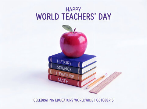 Red apple on a stack of textbooks for world teachers day celebration with education