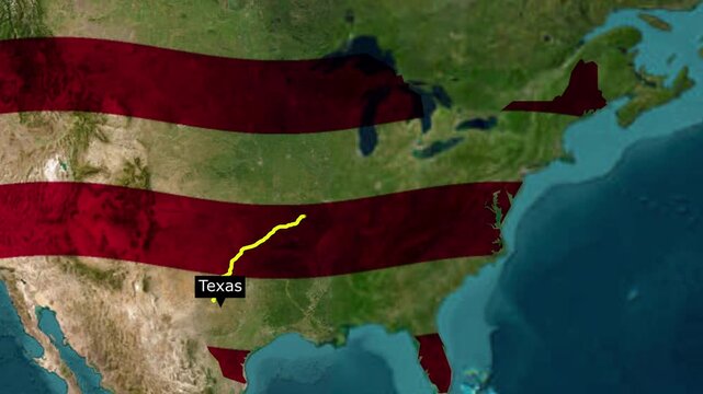 United states map with red stripes overlay and texas location marker