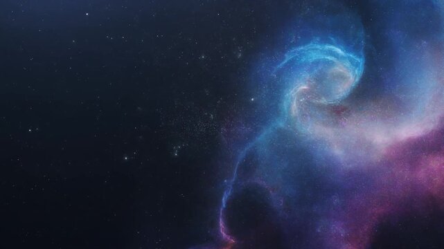 右半分でゆっくりと広がる青と紫とピンクの神秘的な星雲