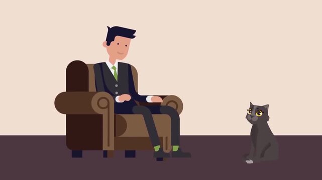 Professional businessman sitting in leather armchair interacting with a small grey cat in this creative flat design animation video clip