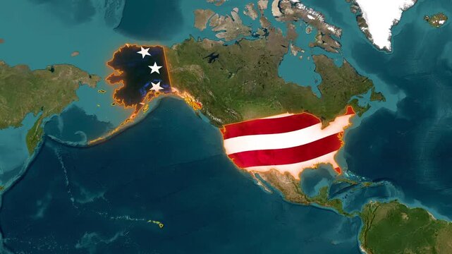 United states map with flag overlay on satellite view of north america
