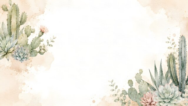Watercolor cactus and succulent arrangement border background with copy space isolated on white background