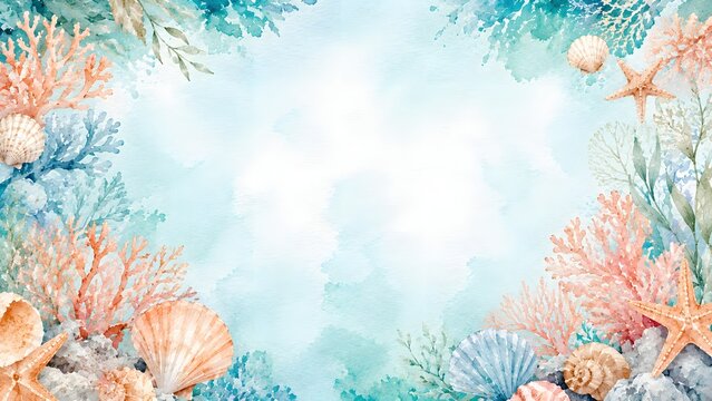 Watercolor ocean background with coral, seashells, and starfish framing a light blue center