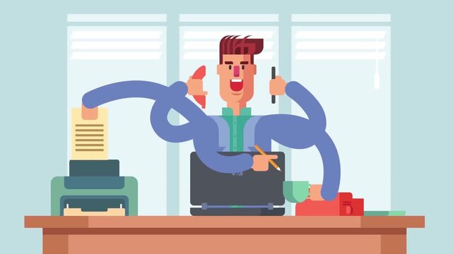 Busy businessman multitasking with many arms in office animation footage showing high productivity and efficient corporate workflow for creative projects