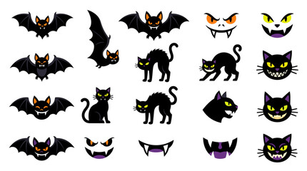 Obraz premium Halloween themed black cats and bats icons collection.