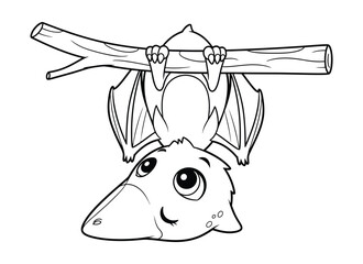 Cute pterodactyl coloring page, cartoon dinosaur hanging from tree branch, prehistoric animal line art vector illustration © Imran Designs