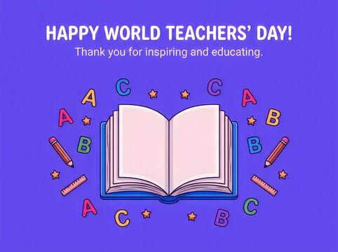 World teachers day greeting card with open book and floating letters education alphabet learning