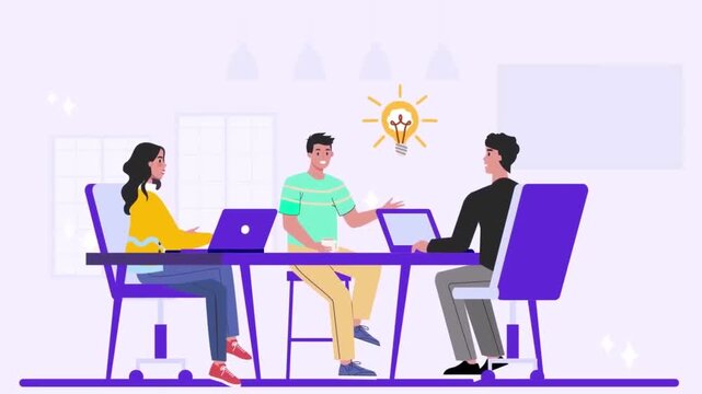 Creative professional team collaborating during office brainstorming meeting animation showcasing dynamic project planning sessions with laptop lightbulb icon digital motion footage