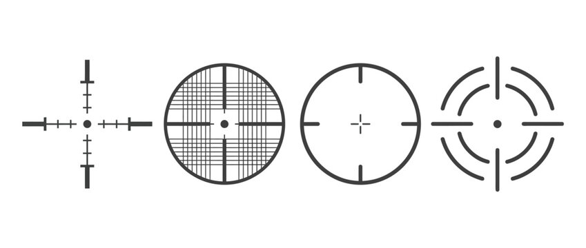 Set of various gun scope reticles and target crosshairs on white background