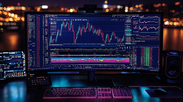 Professional stock trading workstation with candlestick charts and market data on a monitor at night with city bokeh