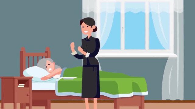Caring nurse visits elderly woman in bedroom using flat vector animation style for healthcare and patient support video motion clip
