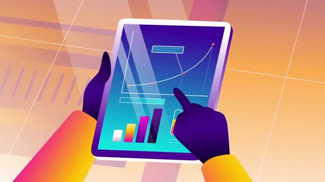 Digital tablet interface showing interactive engineering diagrams and financial growth charts in this vibrant animated motion graphic design video clip