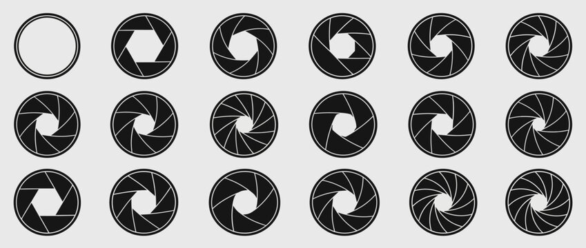 Camera aperture blades set with various opening sizes on grey background