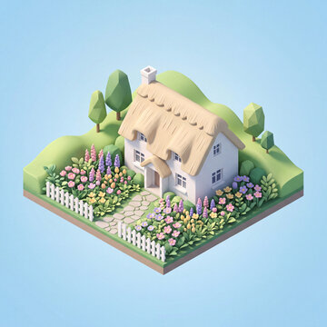 Isometric 3D Miniature Thatched Cottage with Vibrant Garden