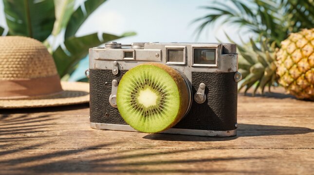 Vintage Film Camera with Fresh Kiwi Fruit Lens Concept for Tropical Summer Travel Photography and Exotic Creative Still Life Art