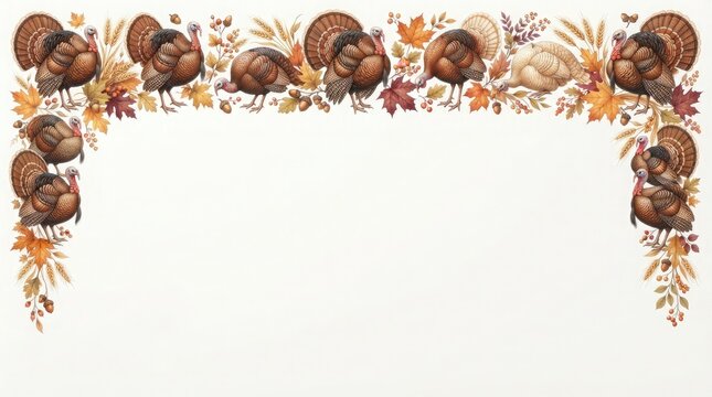 Turkey illustrations with autumn flowers border
