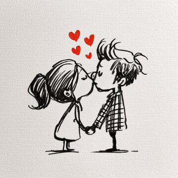 Cartoon couple holding hands and kissing in love scene with hearts