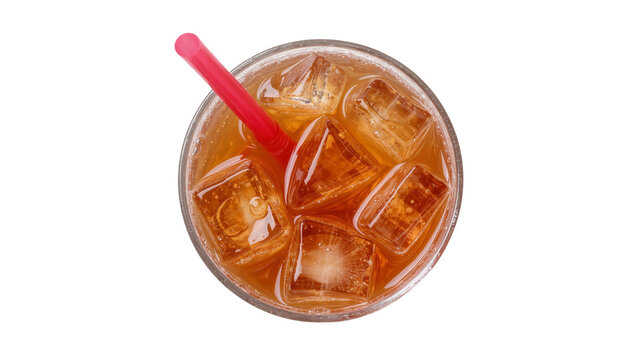 Refreshing amber cola drink with ice cubes and red straw, isolated on transparent background
