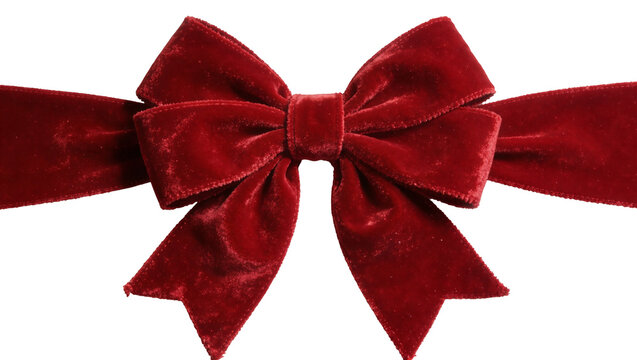 Luxurious deep red velvet ribbon bow, isolated on transparent background