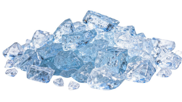 Pile of blue glass shards with internal bubbles, isolated on transparent background