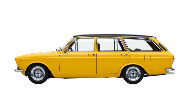 Yellow vintage station wagon car with chrome accents, isolated on transparent background