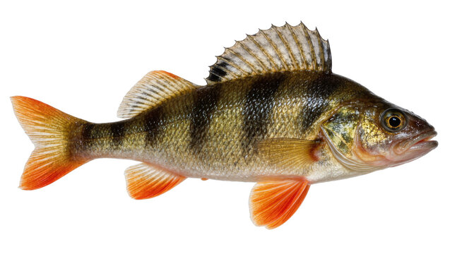 Yellow perch fish with dark vertical stripes, isolated on transparent background