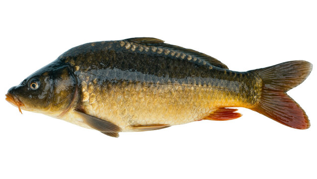 Single common carp fish with scales and fins, isolated on transparent background