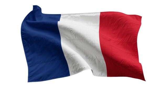 Waving French Tricolor flag with blue white and red stripes, isolated on transparent background