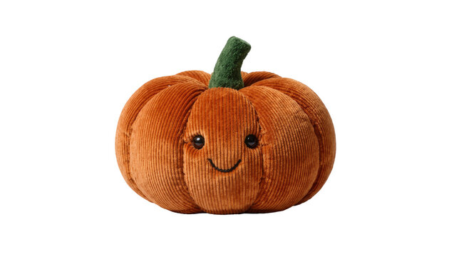 Corduroy plush pumpkin toy with smiling face, isolated on transparent background