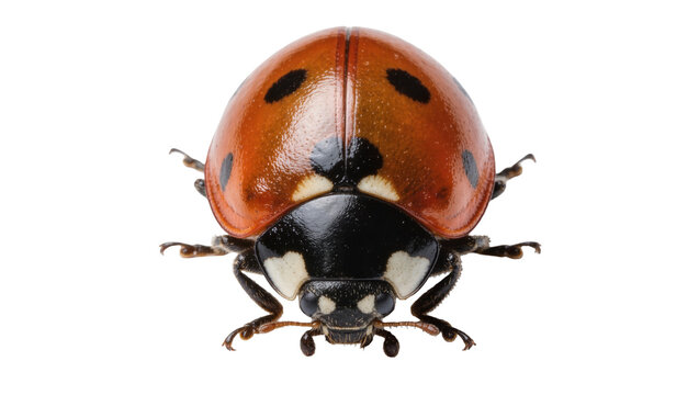 Detailed seven-spot ladybug with orange shell and black spots, isolated on transparent background