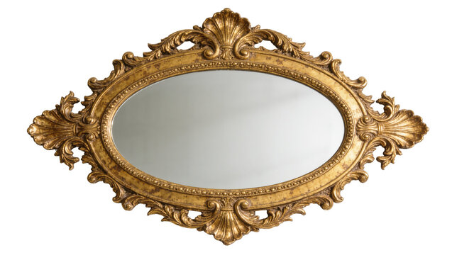 Ornate oval gilded baroque mirror with intricate carvings, isolated on transparent background