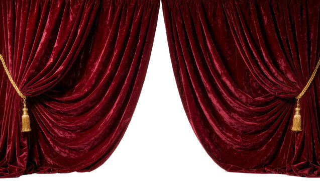 Rich red velvet curtains with golden tassels, isolated on transparent background